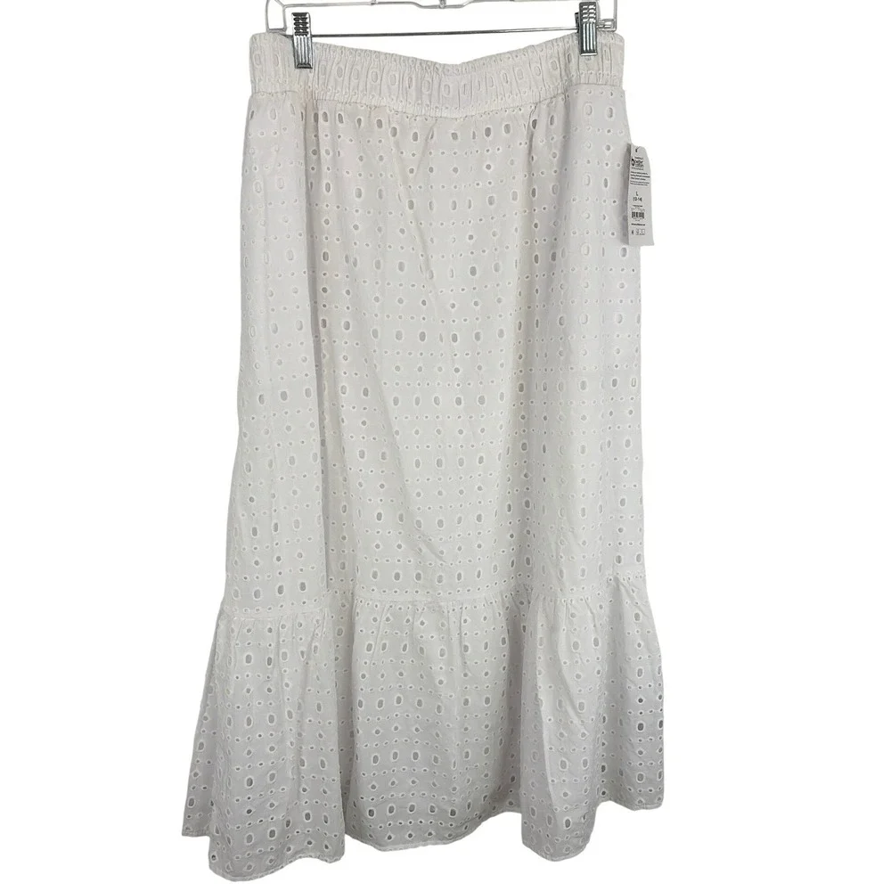 Women Boho Cottagecore Garden Party Eyelet Lined Maxi Skirt Tiered Cotton L